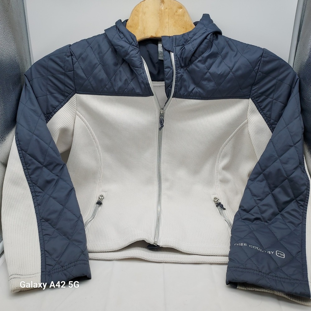Free Country Womens Large Quilted‎ Hybrid Hooded Jacket Navy Cream Waffle Knit